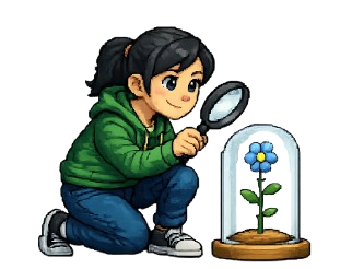 A person crouching with a magnifying glass, closely inspecting a flower under a glass dome