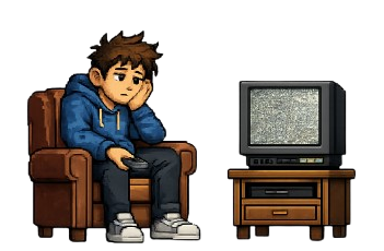 A person slumped in an armchair holding a remote, staring at a static-filled television