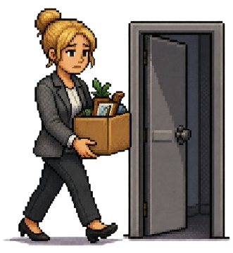 A person carrying a cardboard box of personal belongings out through an open office door